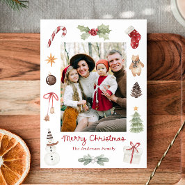 Cute Watercolor Merry Christmas Family Photo シーズンカード