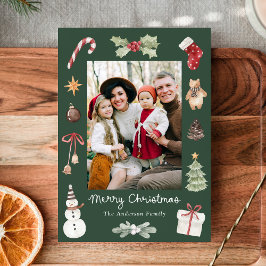 Cute Watercolor Merry Christmas Green Family Photo シーズンカード