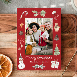 Cute Watercolor Merry Christmas Red Family Photo シーズンカード