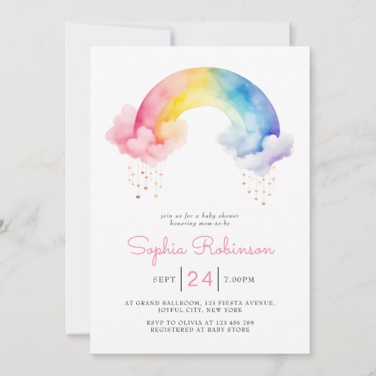 Cute Watercolor Modern Rainbow Baby Shower 招待状 (正面)