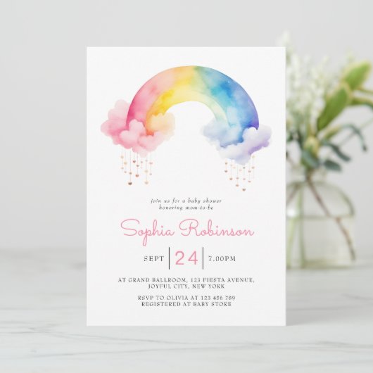 Cute Watercolor Modern  Rainbow Baby Shower 招待状 (スタンド正面)