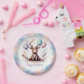 Cute Watercolor Moose with Balloons Birthday  ペーパープレート (パーティー)
