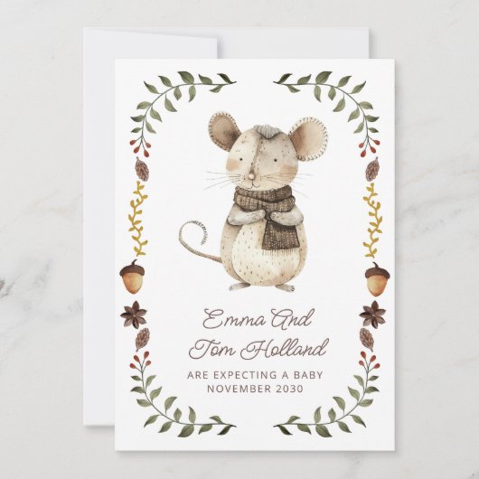 Cute Watercolor Mouse Pregnancy Announcement 案内状 (正面)