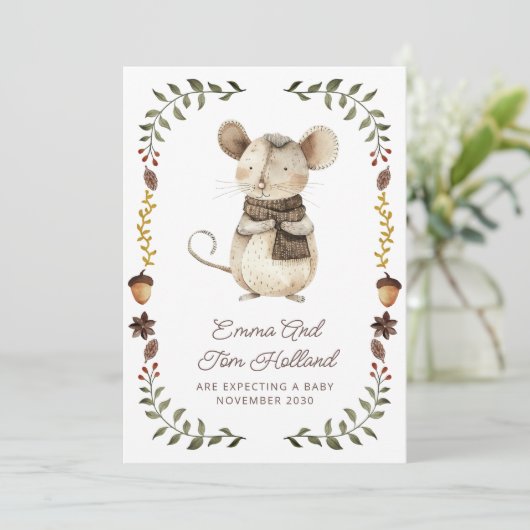 Cute Watercolor Mouse Pregnancy Announcement 案内状 (スタンド正面)