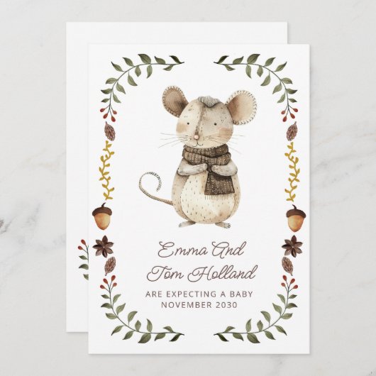 Cute Watercolor Mouse Pregnancy Announcement 案内状 (正面/裏面)