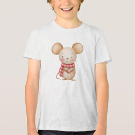Cute Watercolor Mouse with Red Scarf and Apple  トライブレンドＴシャツ