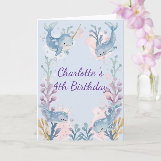 Cute Watercolor Narwhal Whale fish Seamless Sea カード (蘭)