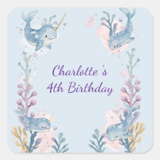 Cute Watercolor Narwhal Whale fish Seamless Sea  スクエアシール