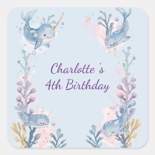 Cute Watercolor Narwhal Whale fish Seamless Sea  スクエアシール (正面)