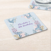 Cute Watercolor Narwhal Whale fish Seamless Sea  スクエアペーパーコースター (アングル)