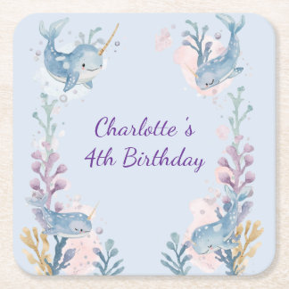Cute Watercolor Narwhal Whale fish Seamless Sea  スクエアペーパーコースター