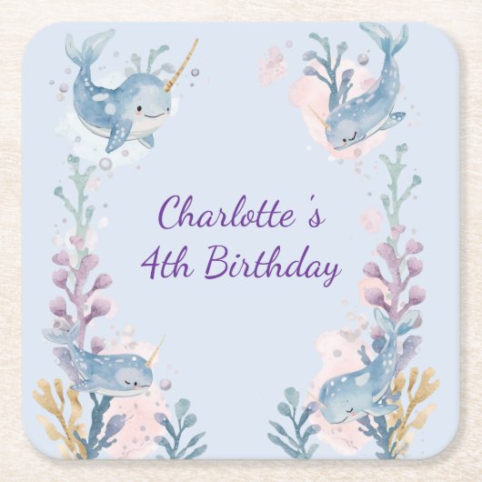 Cute Watercolor Narwhal Whale fish Seamless Sea  スクエアペーパーコースター (正面)