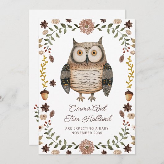 Cute Watercolor Owl Pregnancy 案内状 (正面/裏面)