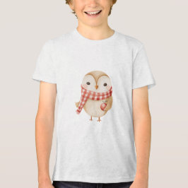 Cute Watercolor Owl with Red Scarf and Apple  トライブレンドＴシャツ