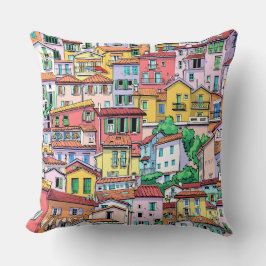 Cute watercolor painting of houses in pink yellow クッション
