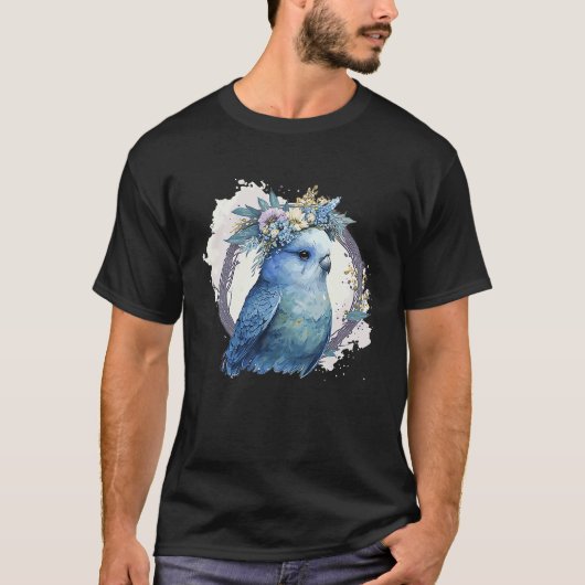 Cute Watercolor Parakeet Budgie Bird Flower Crown  Tシャツ (正面)