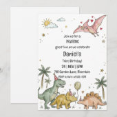 Cute Watercolor Pastel Dinosaur Third Birthday 招待状 (正面/裏面)