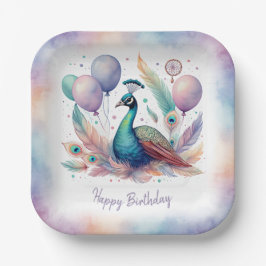 Cute Watercolor Peacock Balloons Birthday  ペーパープレート