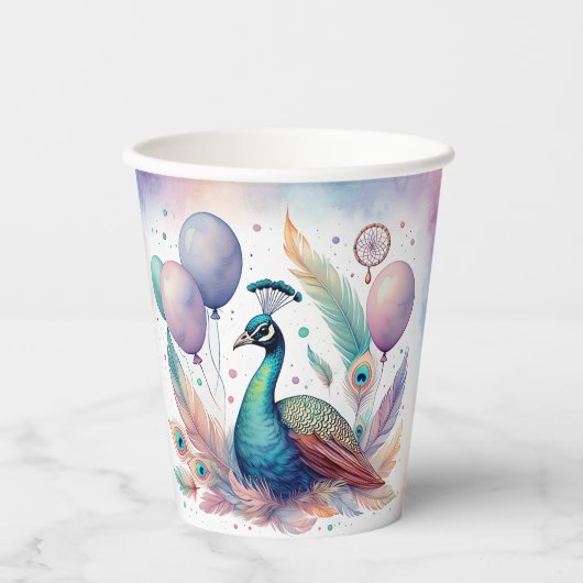 Cute Watercolor Peacock Balloons Birthday  紙コップ (正面)