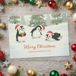 Cute Watercolor Penguins Christmas Forest シーズンカード