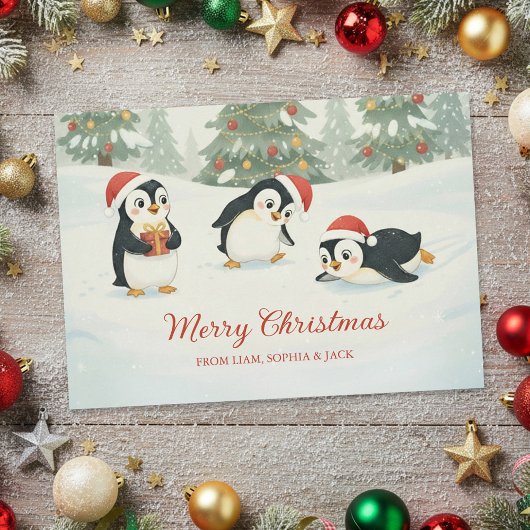 Cute Watercolor Penguins Christmas Forest シーズンカード