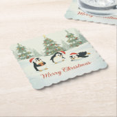 Cute Watercolor Penguins Christmas Forest ペーパーコースター (アングル)