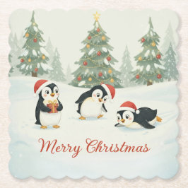 Cute Watercolor Penguins Christmas Forest ペーパーコースター