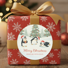 Cute Watercolor Penguins Christmas Forest ラウンドシール