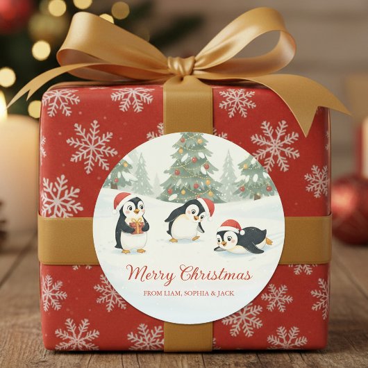 Cute Watercolor Penguins Christmas Forest ラウンドシール
