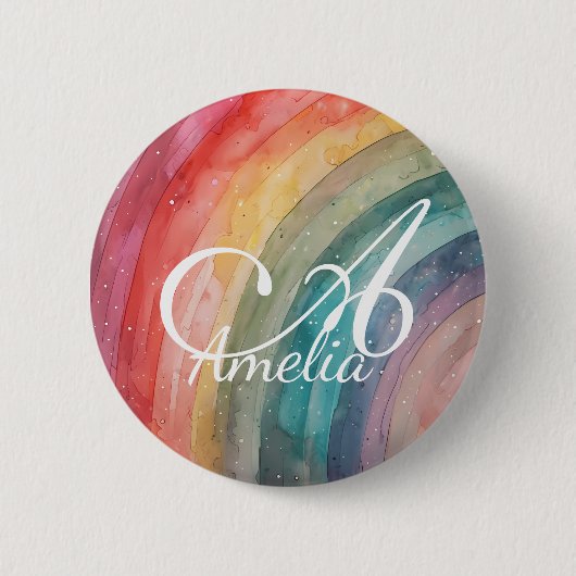 Cute Watercolor Personalized Rainbow  缶バッジ (正面)