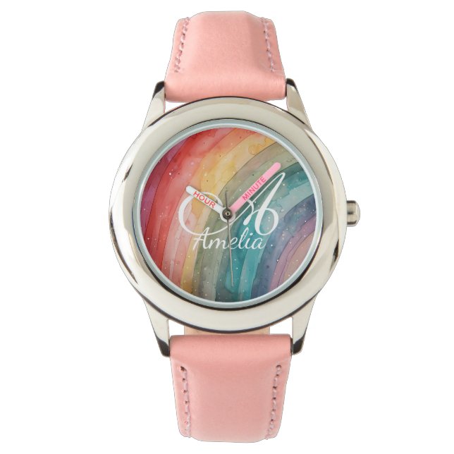 Cute Watercolor Personalized Rainbow  腕時計 (正面)