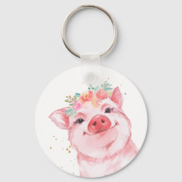Cute Watercolor Pig with Floral Crown キーホルダー