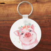 Cute Watercolor Pig with Floral Crown キーホルダー (正面)