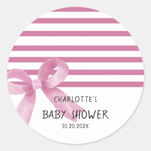 Cute Watercolor Pink Bow Baby Shower ラウンドシール (正面)