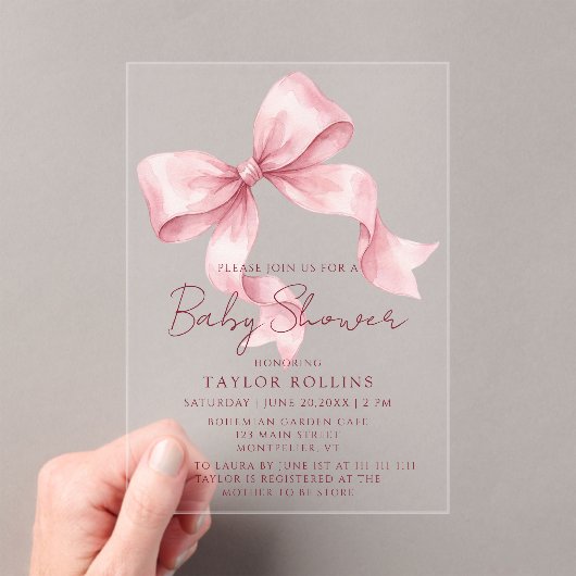 Cute Watercolor Pink Bow Baby Shower Invitation アクリル招待状 (インサイチュ (ポータブル))
