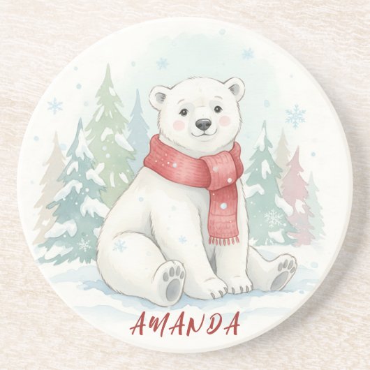 Cute watercolor Polar Bear Winter  コースター (正面)
