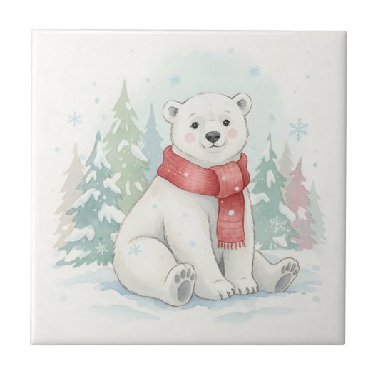 Cute Watercolor Polar Bear Winter  タイル (正面)