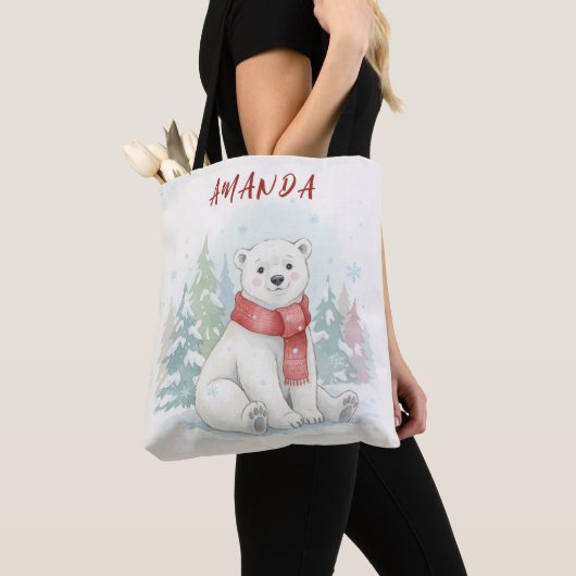 Cute watercolor Polar Bear Winter トートバッグ (クローズアップ)
