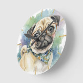 Cute Watercolor Pug with Glasses ラウンド壁時計 (傾斜)
