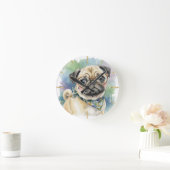 Cute Watercolor Pug with Glasses ラウンド壁時計 (ホーム)
