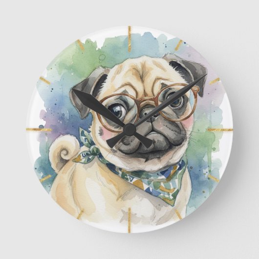 Cute Watercolor Pug with Glasses ラウンド壁時計 (正面)