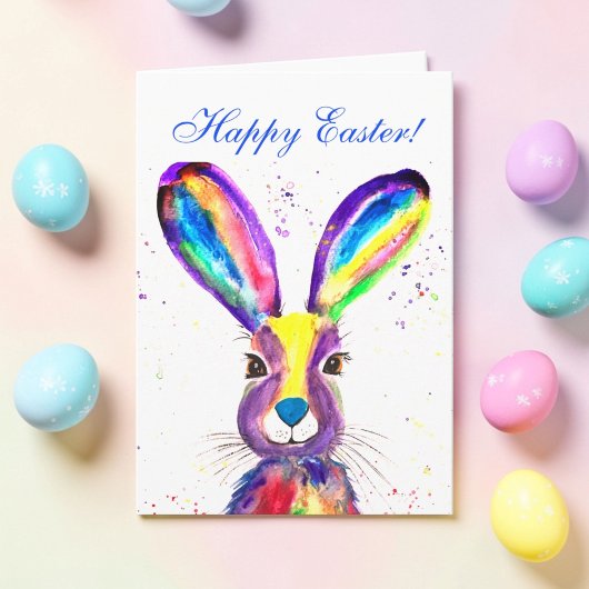 Cute Watercolor Rabbit Bunny Hare Easter Floral サンキューカード