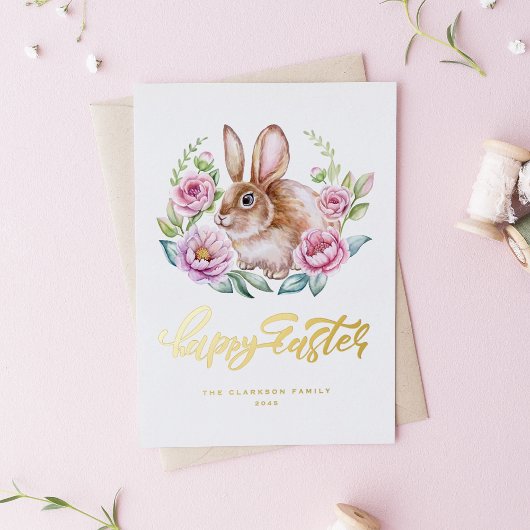Cute Watercolor Rabbit Floral Wreath Happy Easter 箔シーズンカード