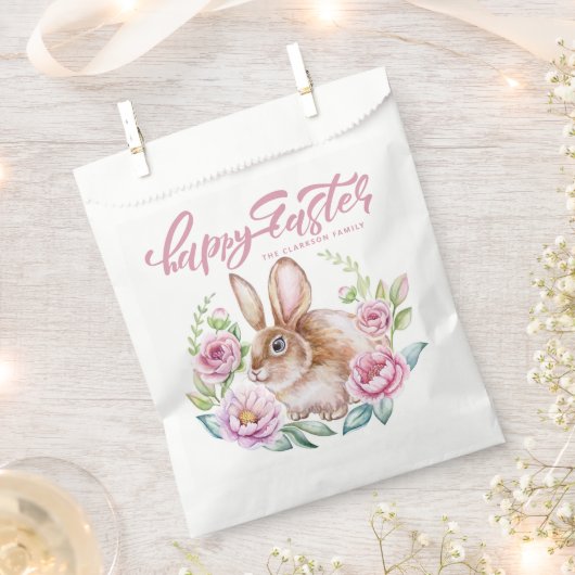 Cute Watercolor Rabbit Pink Floral Wreath Easter フェイバーバッグ (クリップ留めされた状態)