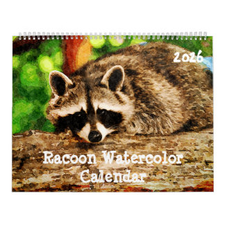 Cute Watercolor Raccoon Wildlife Painting Art Cale カレンダー