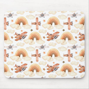 Cute Watercolor Rainbow Airplane Pattern マウスパッド