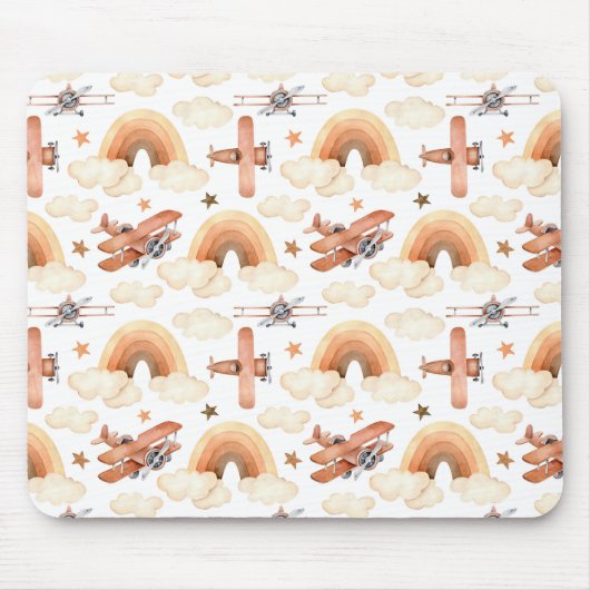 Cute Watercolor Rainbow Airplane Pattern マウスパッド (正面)