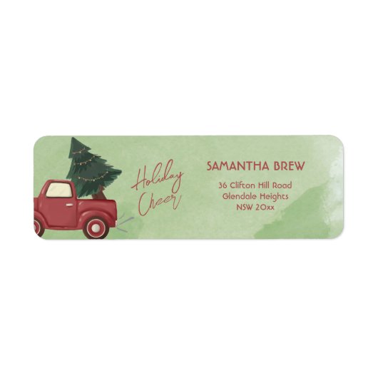 Cute Watercolor Red Farm Truck Christmas Tree ラベル (正面)