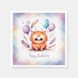 Cute Watercolor Red Kitten Balloons Birthday  スタンダードカクテルナプキン