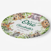 Cute Watercolor Safari Animals 1st Birthday ペーパープレート (アングル)